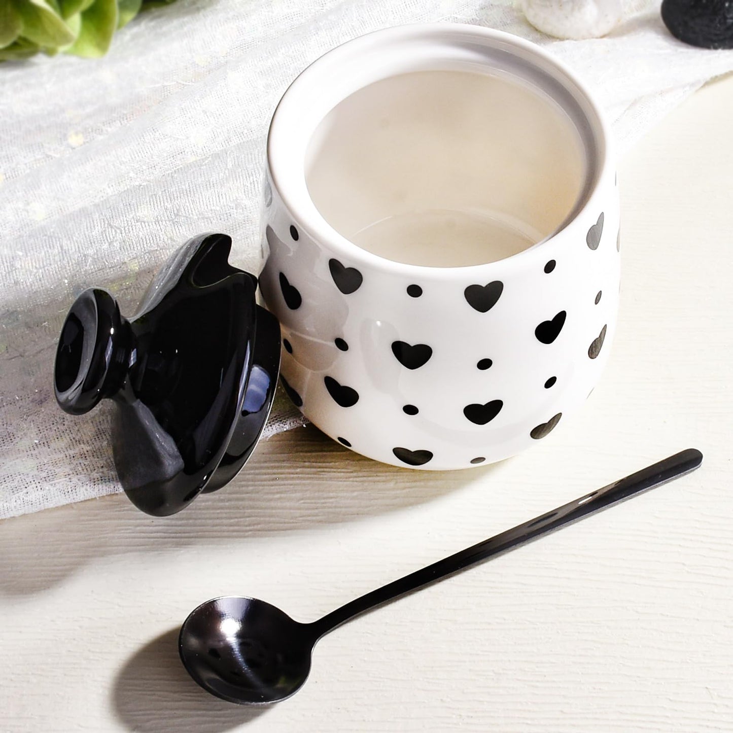 Cerficer Ceramic Sugar Bowl with Lid and Spoon, Decorative Sugar Jar for Coffee Bar, Cute Black Heart, Polka Dot Pattern or Salt Cellar, Modern Farmhouse Kitchen Decor