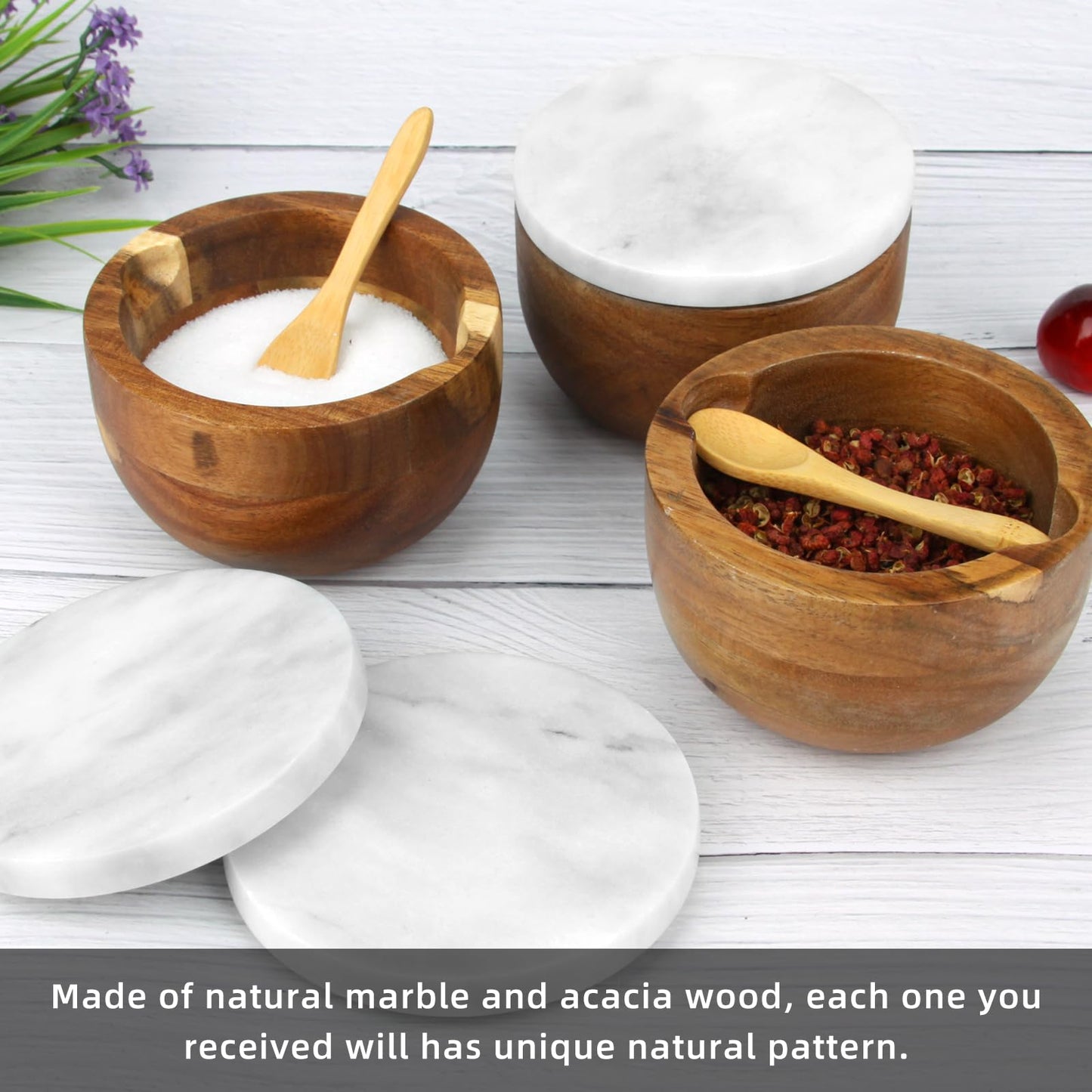 HESHIBI Salt Cellar Box with Lid & Spoon, Modern White Stone Salt or Pepper Sugar Spice Seasoning Bowl Container Jar Holder Well Keeper Dish Pig Crock for Kitchen (Marble Lid Set)