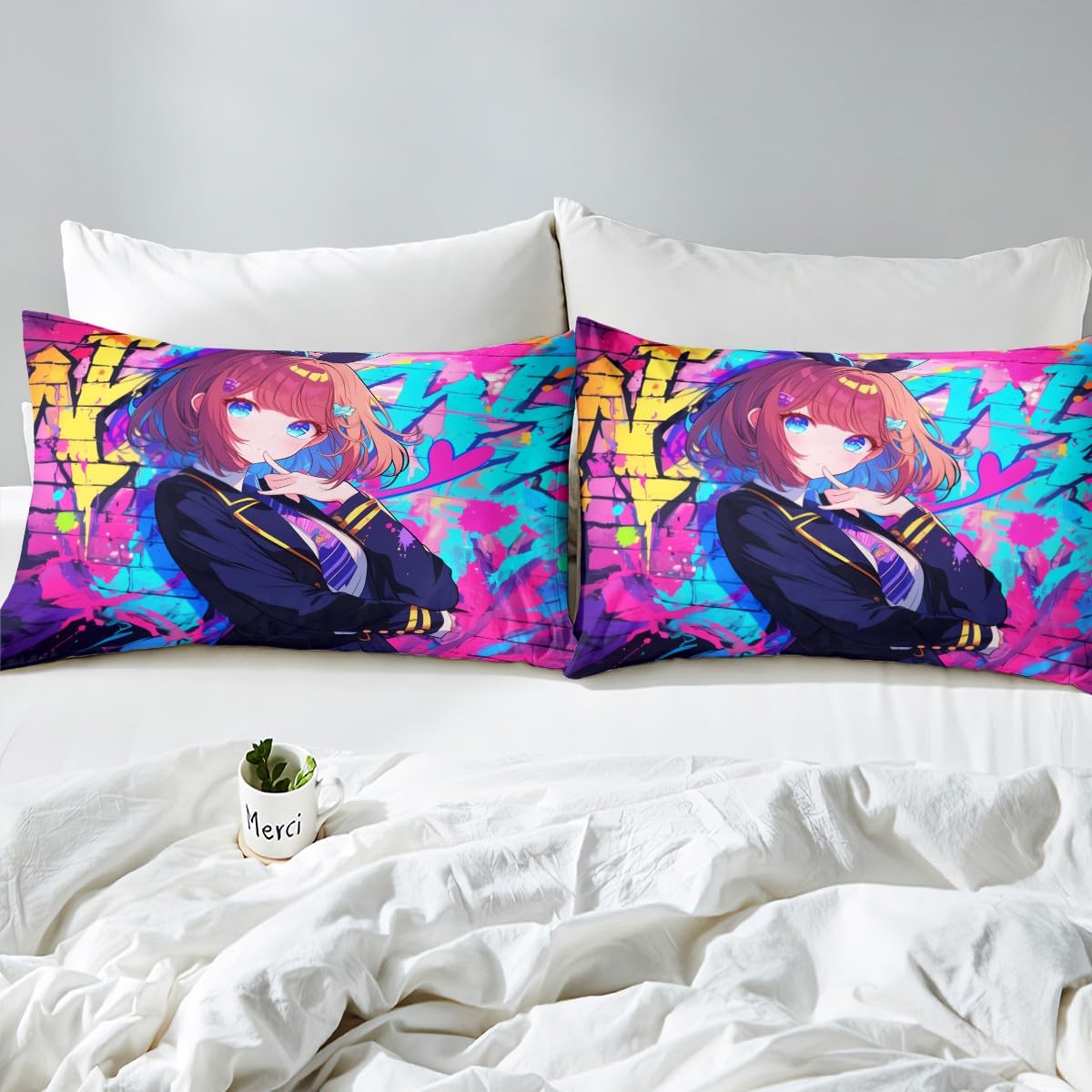 Erosebridal Girls Japanese Anime Bedding Set Full, Kawaii Anime Girl Fitted Sheet Cartoon Girl Bed Sheets for Kids Teens Adult, Japanese Animation Sci Fi Style Sheets, 2 Pillow Cases