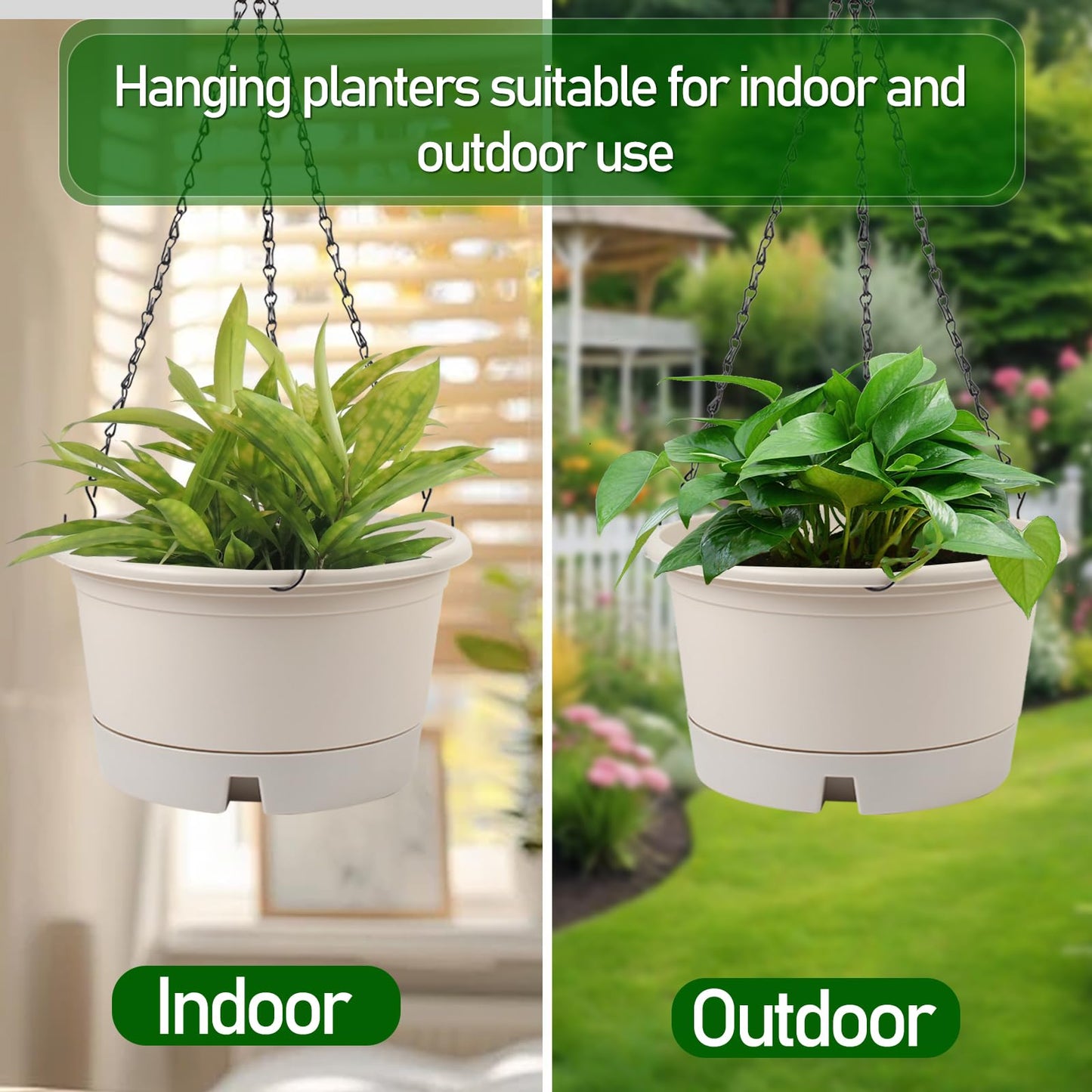 Svxtoby 10 Inch Hanging Planters for Indoor Plants, 4 Pack Plastic Hanging Baskets with Removable Trays & 15.7" Chain, Outdoor Hanging Plant Pot for Home Garden Porch Balcony Patio Decor (Beige)