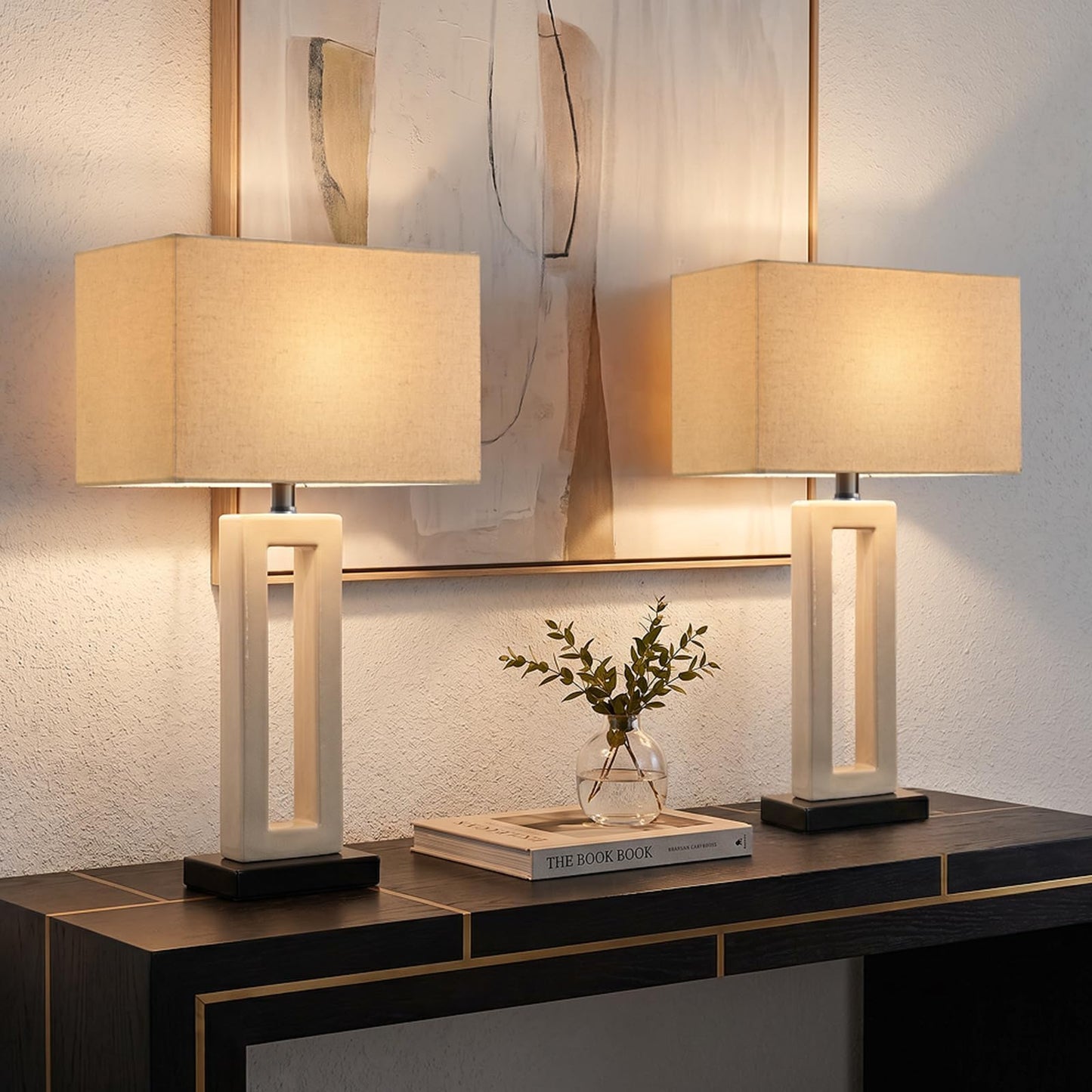 Vortether 22" Modern Ceramic Table Lamps Set of 2, Cream Crackle Glaze Hollow Bedside Lamps with Linen Shade, 5ft Cord Rotary Switch E26 Base Nightstand Lamps for Bedroom Living Room Entryway Decor