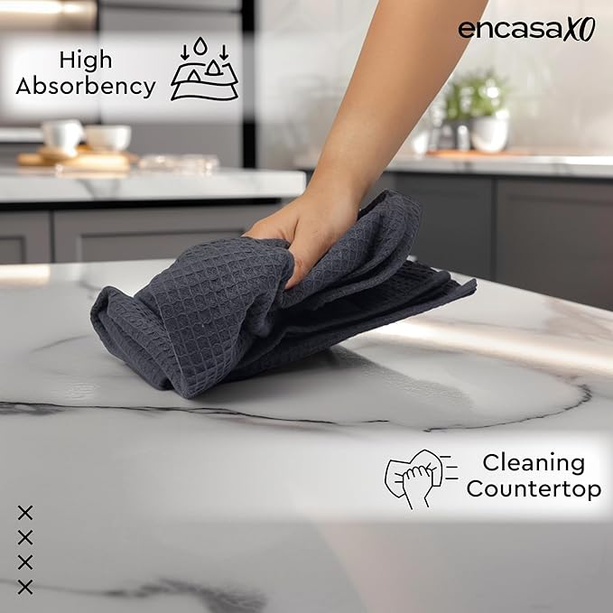 Encasa XO Kitchen Dish Towels Set | Grey | Waffle Weave and Flat Hand Tea Towel