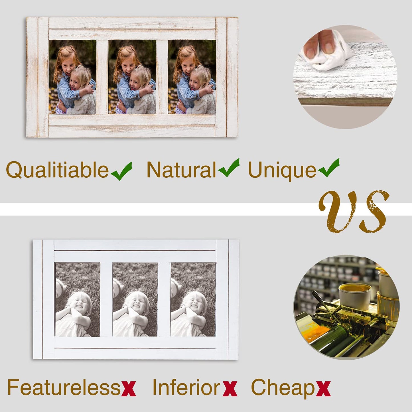 RiteSune 3 Picture Frames 4x6 for Wall, Photo Collage Frame Present for Christmas Birthday, Rustic Photo Frames for Home Wall Decor（White