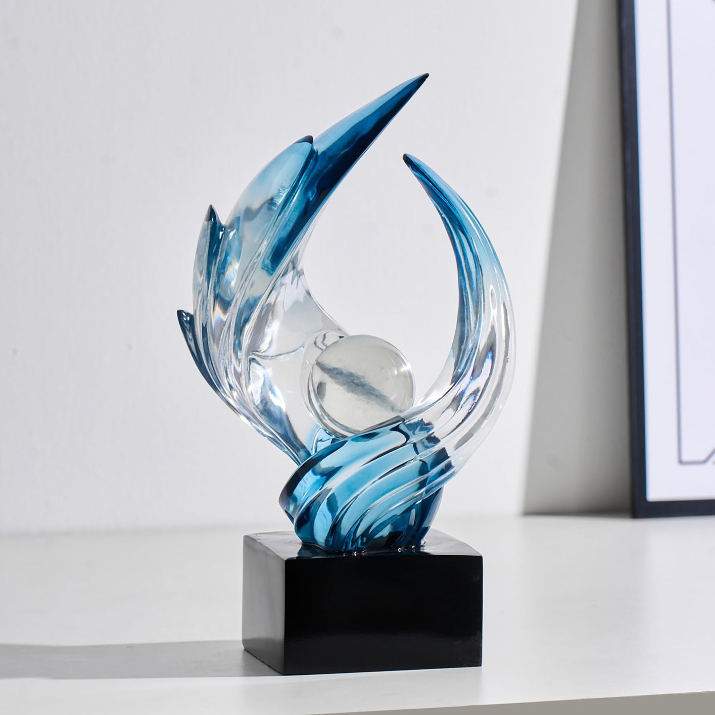 Modern Abstract Resin Sculpture, 11" H x 5.1" W Transparent Navy Blue Art Statue for Home Decor, Office Desk Living Room Bookshelf TV Stand Centerpiece Decorations, Unique Gift Idea