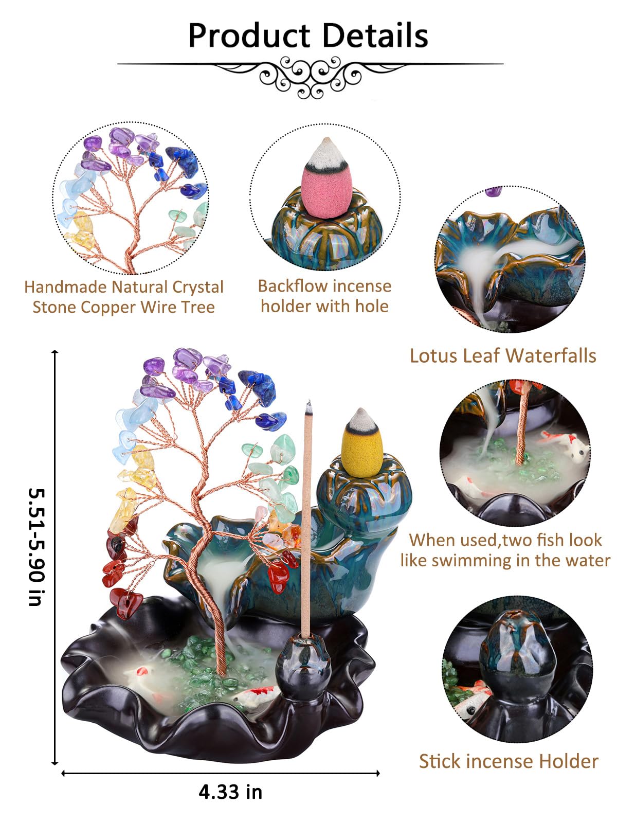 Jovivi Backflow Incense Burner Ceramic Incense Waterfall,7 Chakra Stones Healing Crystal Money Tree Incense Holder for Wealth, Good Luck, Yoga Meditation, Home Decor