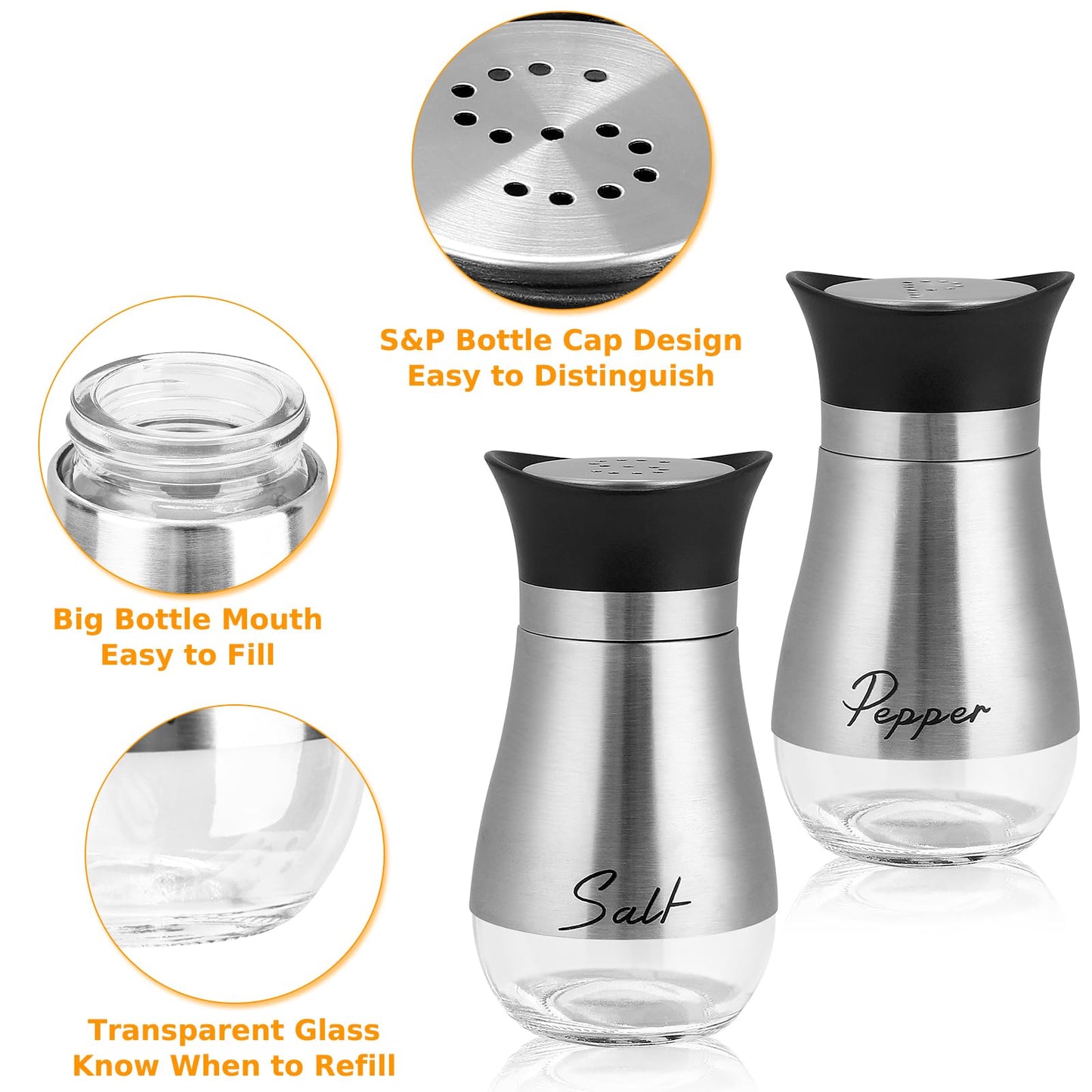 Accmor Salt and Pepper Shakers Set with Holder, 4 oz Stainless Steel Salt Pepper Shaker Containers with Glass Bottom for Kitchen Cooking, BBQ, Bar, Table, RV, Camp