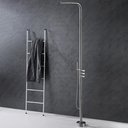 RBROHANT Outdoor Shower Brass Outside Shower Kit for Backyard Garden Pool Beach, Freestanding Outdoor Shower Fixtures with Overhead Shower Head and Handheld, Floor Mounted, Brushed Nickel, RB0089