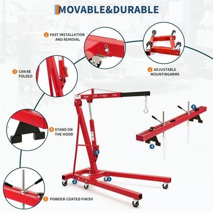 2 Ton Folding Hydraulic Engine Hoist with 59 in Load Leveler 4400 LBS Capacity Heavy Duty Cherry Picker 6 Swivel Wheels,Engine Support Bar 1100 LBS Capacity for Garage Workshop Warehouse Red