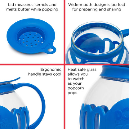 Ecolution Patented Micro-Pop Microwave Popcorn Popper with Temperature Safe Glass, 3-in-1 Lid Measures Kernels and Melts Butter, Made Without BPA, Dishwasher Safe, 3-Quart, Aqua