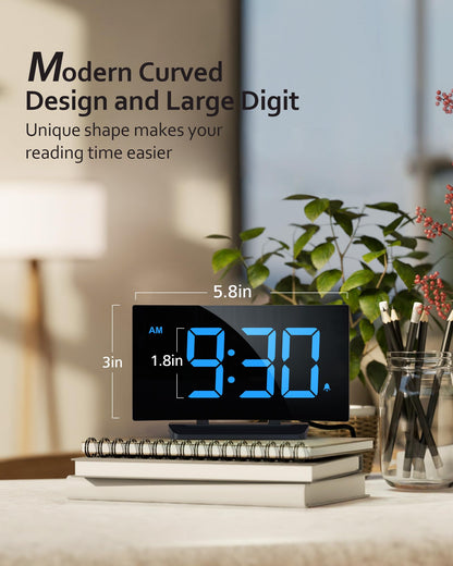 GOLOZA Digital Alarm Clock for Bedrooms with Modern Curved Design, Conspicuous Blue LED Numbers, 6 Levels Brightness, 2 Volume, 3 Alarm Tones, Snooze, Power-Off Memory, 12/24H, Bedside Clock