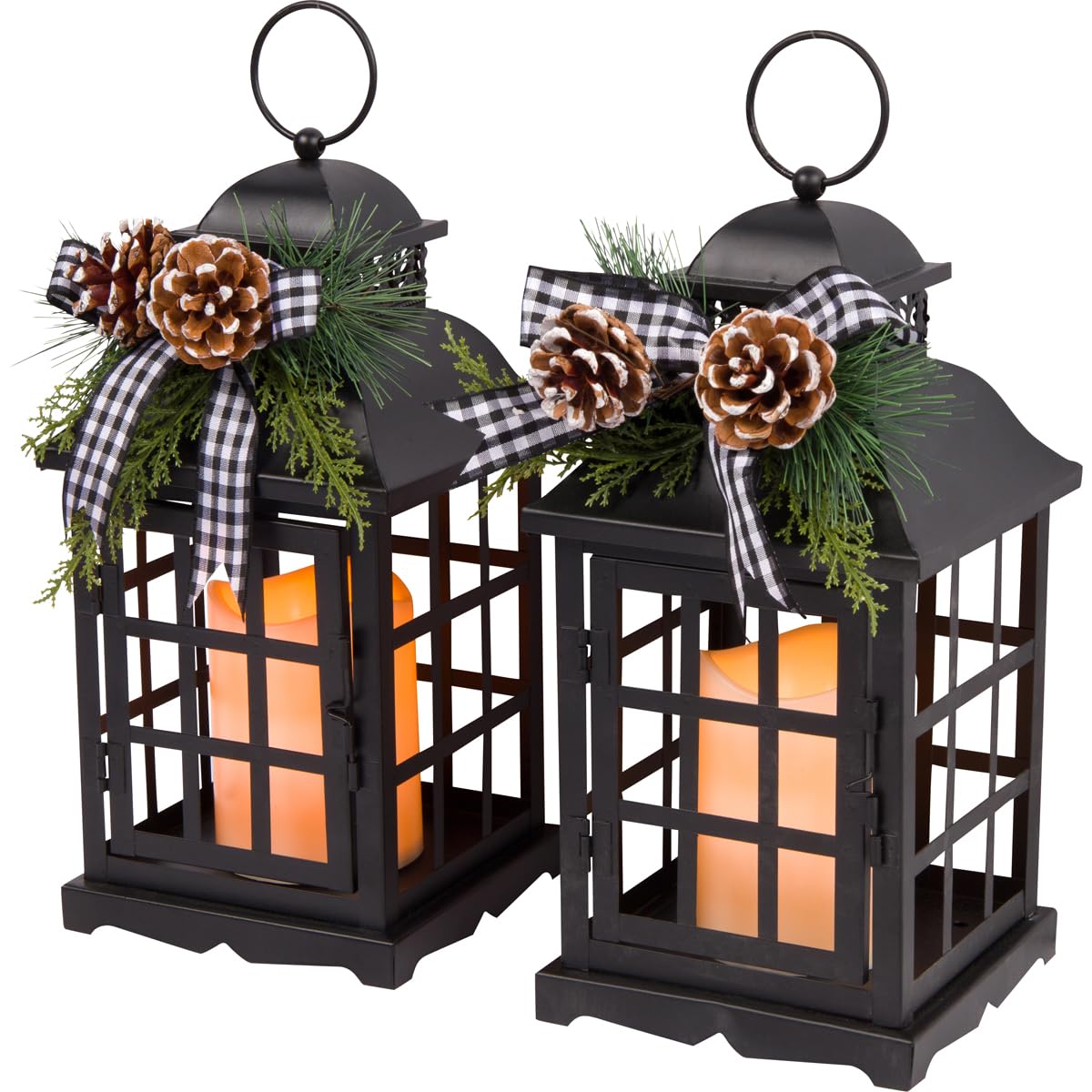 Orchid & Ivy Set of 2 11-Inch Rustic Black Metal Christmas Holiday Lanterns w/ Flameless LED Candle, Timer, Greenery, Plaid Bow – Country Farmhouse Hanging or Tabletop Decoration – Xmas Home Decor