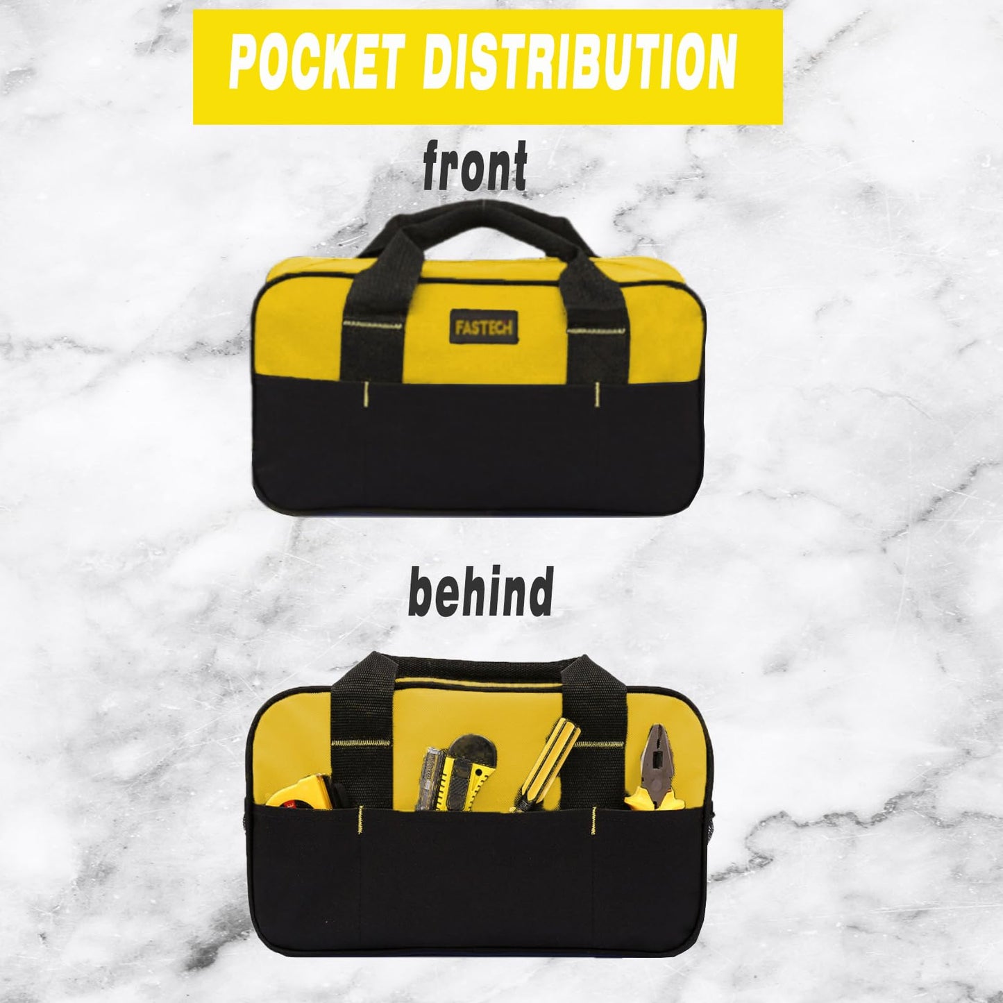 FASTECH 14 Inch Zipper Tool Bag, Small Wide Mouth Tool Tote Bag, Waterproof Tool Organizer Tote, Soft Handle Carrying Toolbag For Various Tools (Yellow)