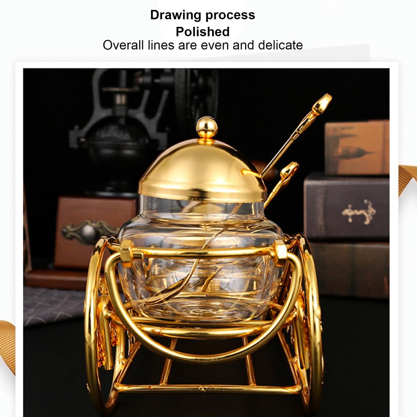Sugar Bowl with Lid and Spoon, 3 Piece Set European Gold Sugar Container Jar for Kitchen Coffee Bar and Wedding Party, Polished Glass Seasoning Jar Condiment Pot for