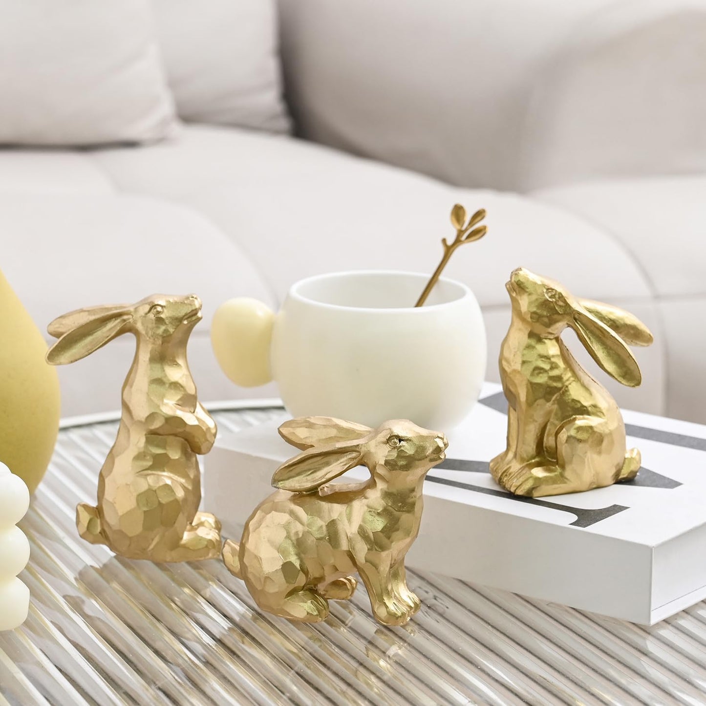 AOMOONOA Resin Gold Bunny Decor Rabbit Figurines, Small Easter Bunny Figurine Set of 3, Easter Rabbit Statues for Spring Tabletop Decor