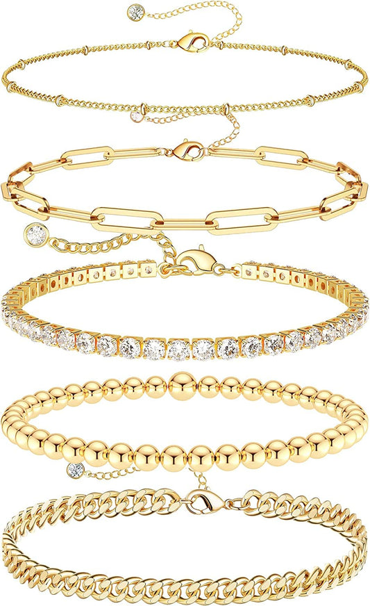 DEARMAY 14K Gold Plated Bracelets for Women Jewelry Sets for Women Trendy Dainty Stackable Paperclip Rope Snake Box Figaro Chain Bracelets Pack Costume Fashion