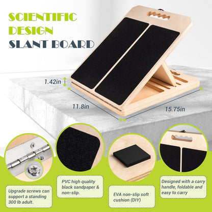 Slant Board for Calf Stretching, Adjustable Portable Wooden Incline Board for Calf Stretcher with Training Poster, 300 Lbs Weight Capacity Physical Therapy Equipment for Leg, Knees, Heel, Ankle