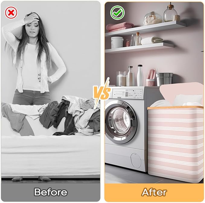 BALEINE Laundry Hamper with Lid, Tall Laundry Baskets with Bamboo Pull Handles