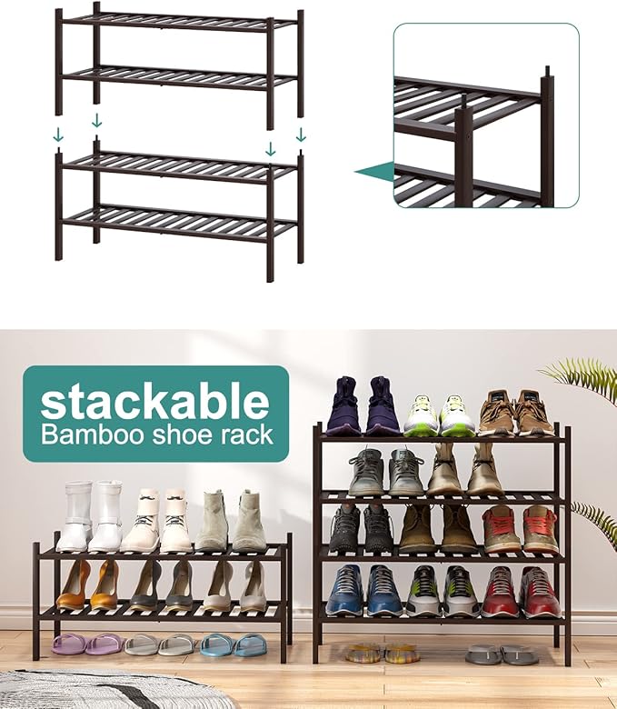 viewcare 2-Tier Shoe Rack for Entryway, Bamboo Shoe Rack for Closet, Free