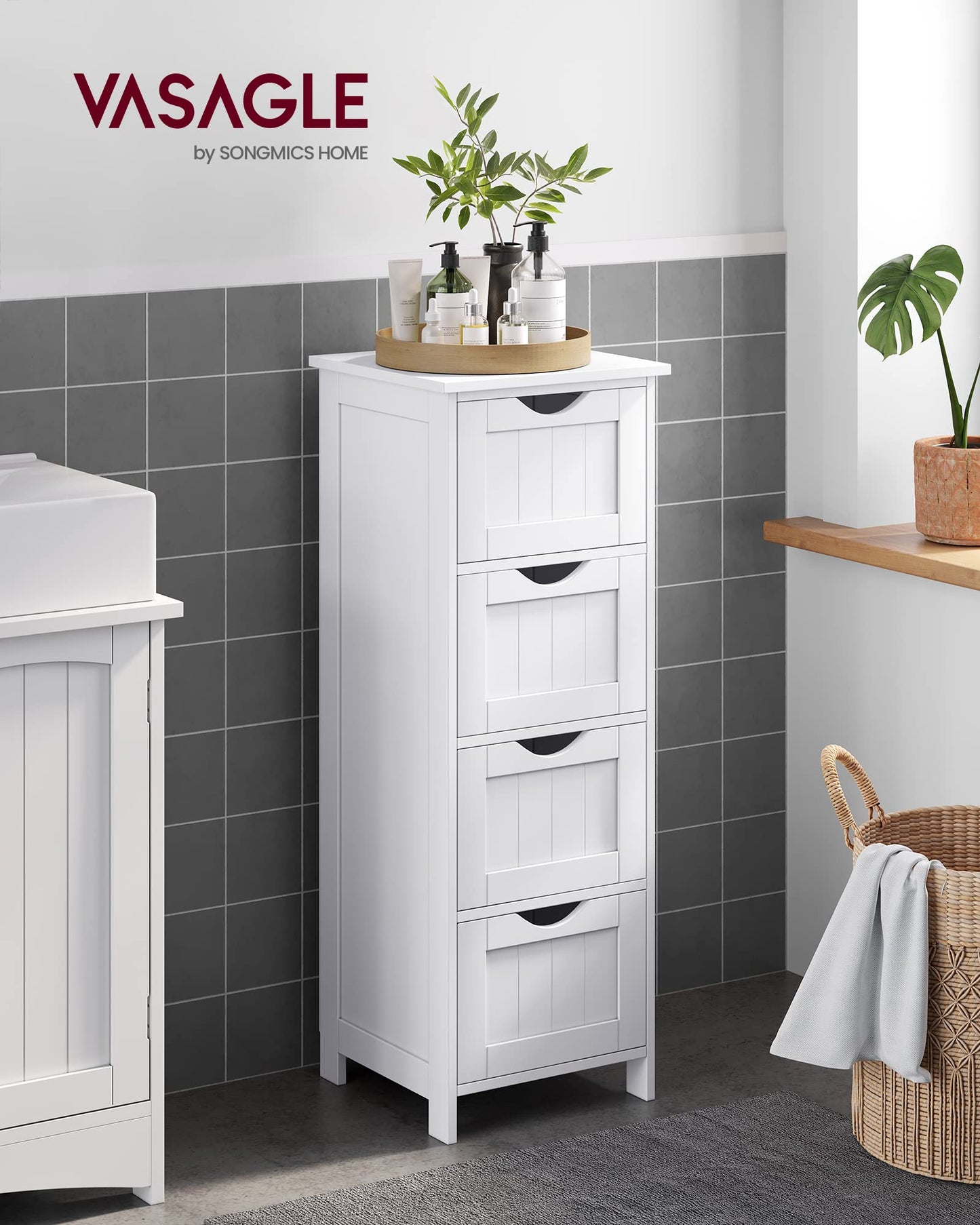 VASAGLE Bathroom Floor Storage Cabinet, Bathroom Storage with 4 Drawers, Bathroom Cabinet Freestanding, 30 x 30 x 82 cm, Modern Style, White LHC40W