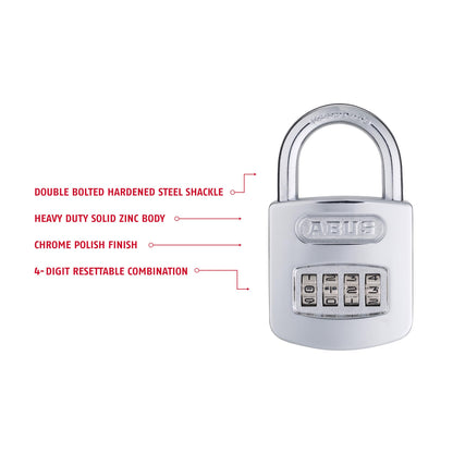 ABUS 160/50 B 160 All Weather Chrome 4 Dial Combination Padlock, Black/Silver