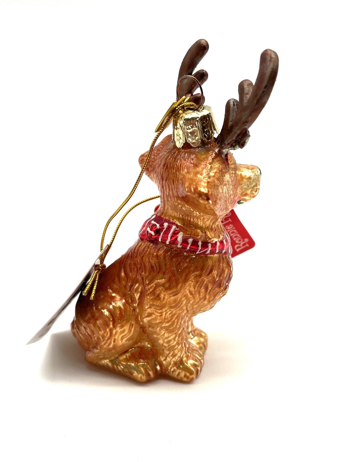 Noble Gems Golden Retriever with Antlers Glass Ornament