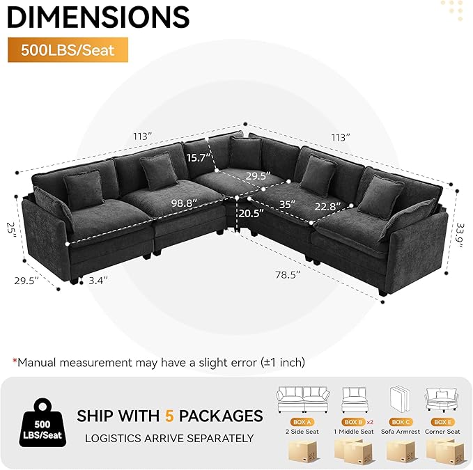 113'' V Shaped Cloud Sectional Sofa, Oversized Deep Seat Couches