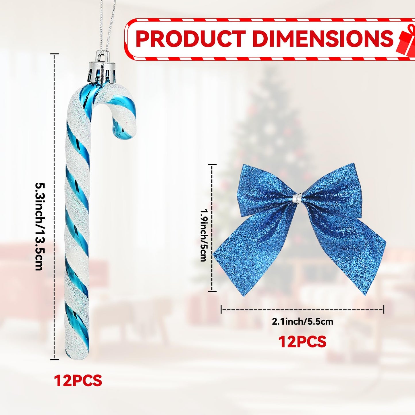 FYFLED Candy Cane Christmas Tree Decorations - 12 Pcs Candy Cane Ornaments for Tree, Glitter Candy Cane Bows for Xmas Tree Hanging Ornament Festival Party Home Decor, Blue