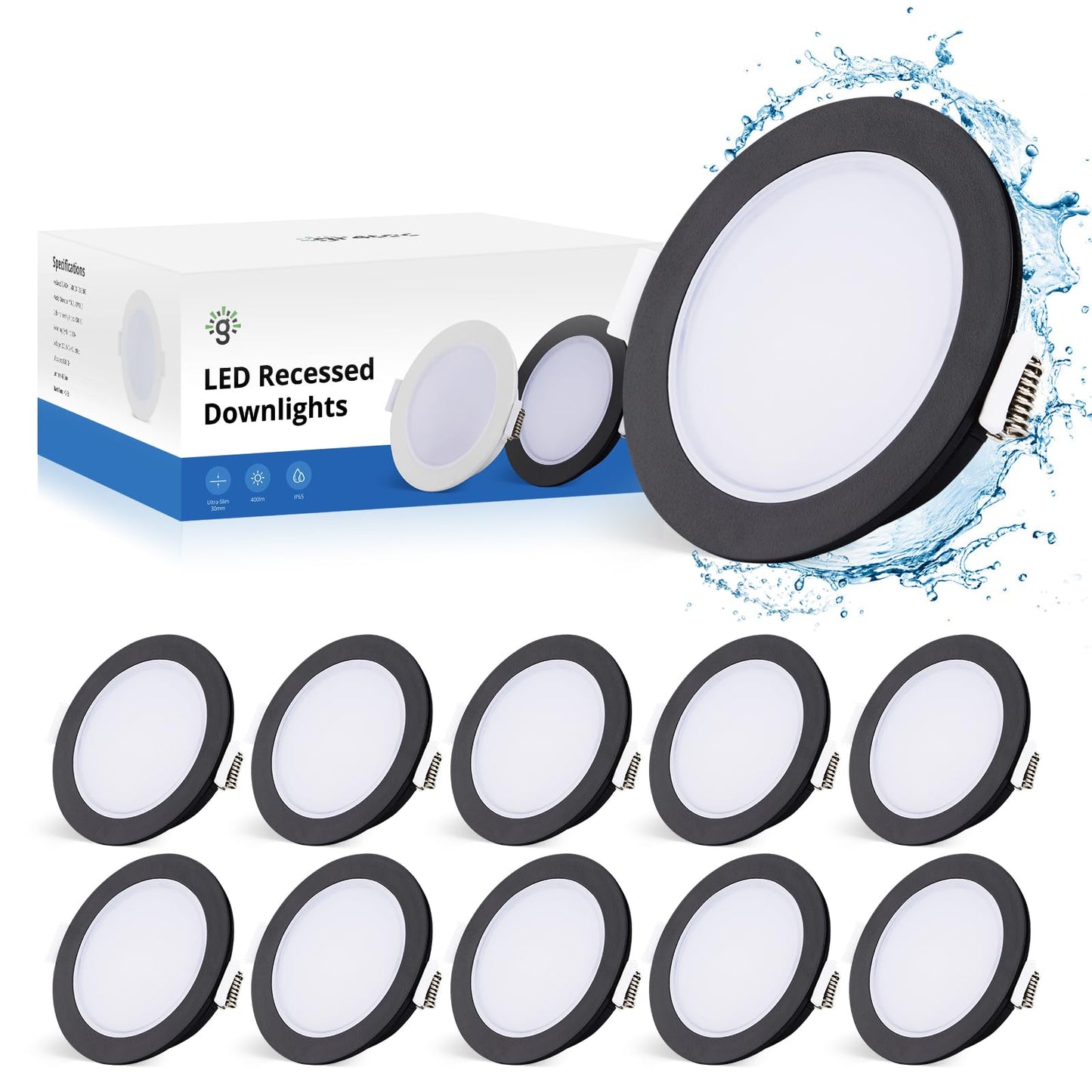 Gr4tec LED Downlights for Ceiling, 10 X 5W LED Recessed Ceiling Lights Black 4000K Natural White, Bathroom Spotlights IP65 Waterproof, 35mm Ultra-Slim, φ68-80mm Hole Spotlights for Bedroom Kitchen