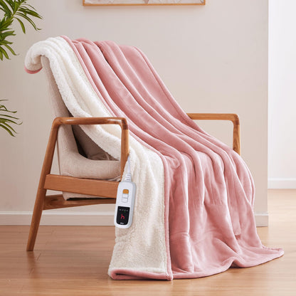 Sealy Electric Blanket Throw Size 50"*60",Super Cozy Flannel to Sherpa Reversible Heated Blanket Throw with 6 Heating Levels & 2-10 Hours Auto Off Overheating Protection Machine Washable,Beige