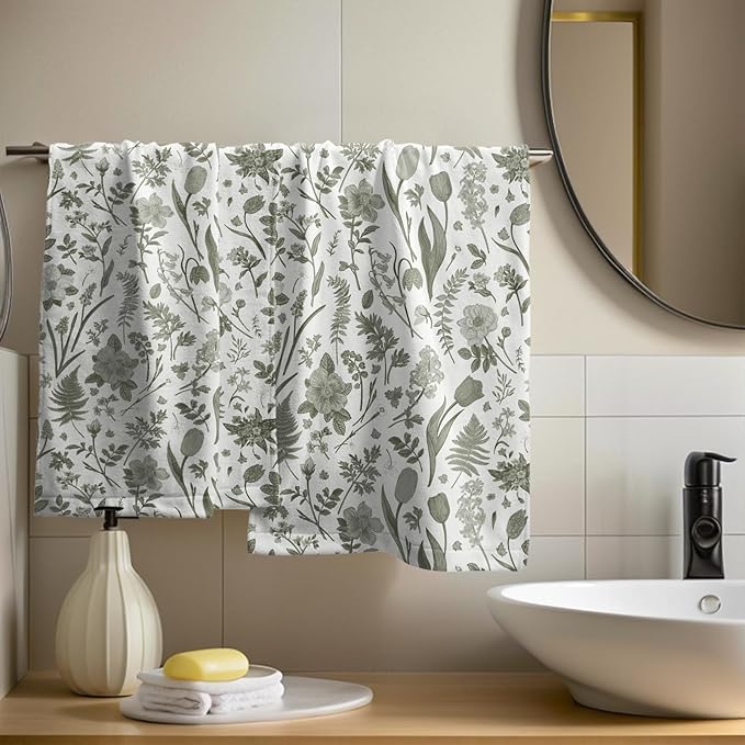 Spring Floral Hand Towels for Bathroom Set of 2 Sage Green White Flower Leaves