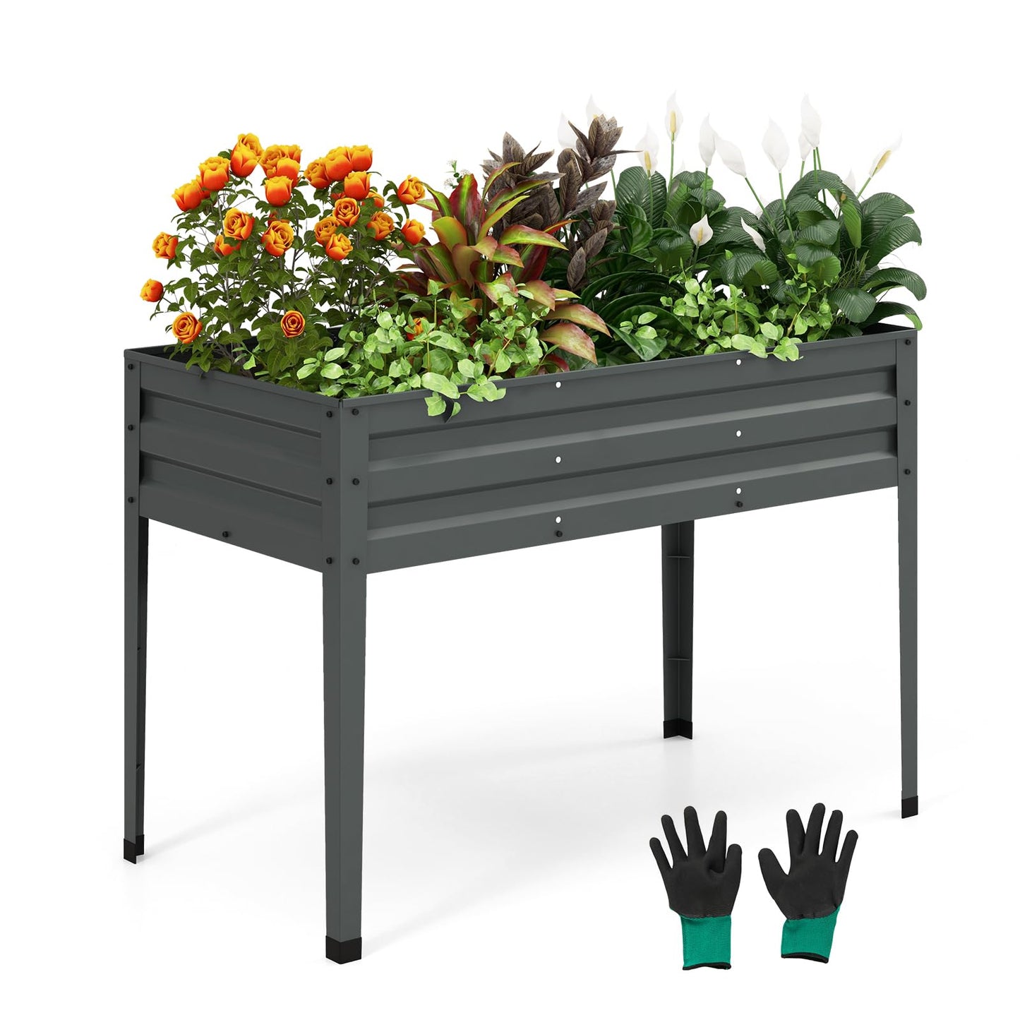 HAPPYGRILL Raised Garden Bed, Galvanized Garden Box with Legs, Drainage Holes, 2 Gloves, Outdoor Planter Box for Garden, Backyard & Patio, 46”x 24” x 32”, Grey
