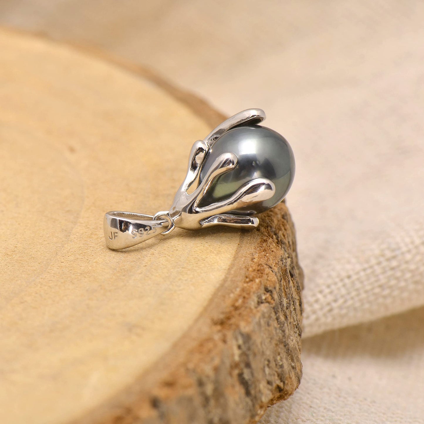 925 Sterling Silver Artistic Wrapping Cultured Tahitian Black Pearl Pendant Necklace, White Gold Plating