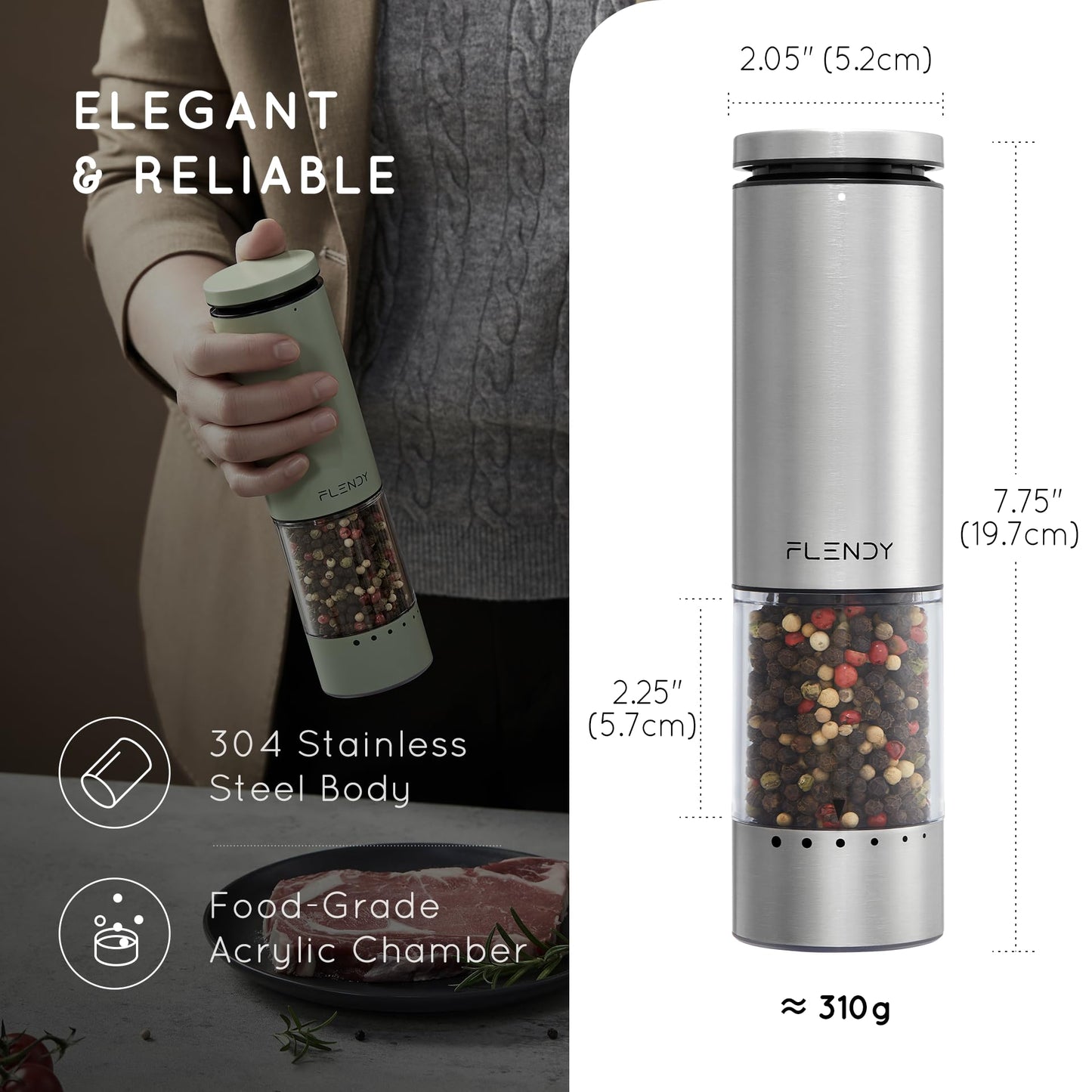 Flendy Electric Salt and Pepper Grinder Set Rechargeable, Automatic Salt and Pepper Grinder Set with Oversized Top Button, Stainless Steel Electric Salt and Pepper Shakers Set