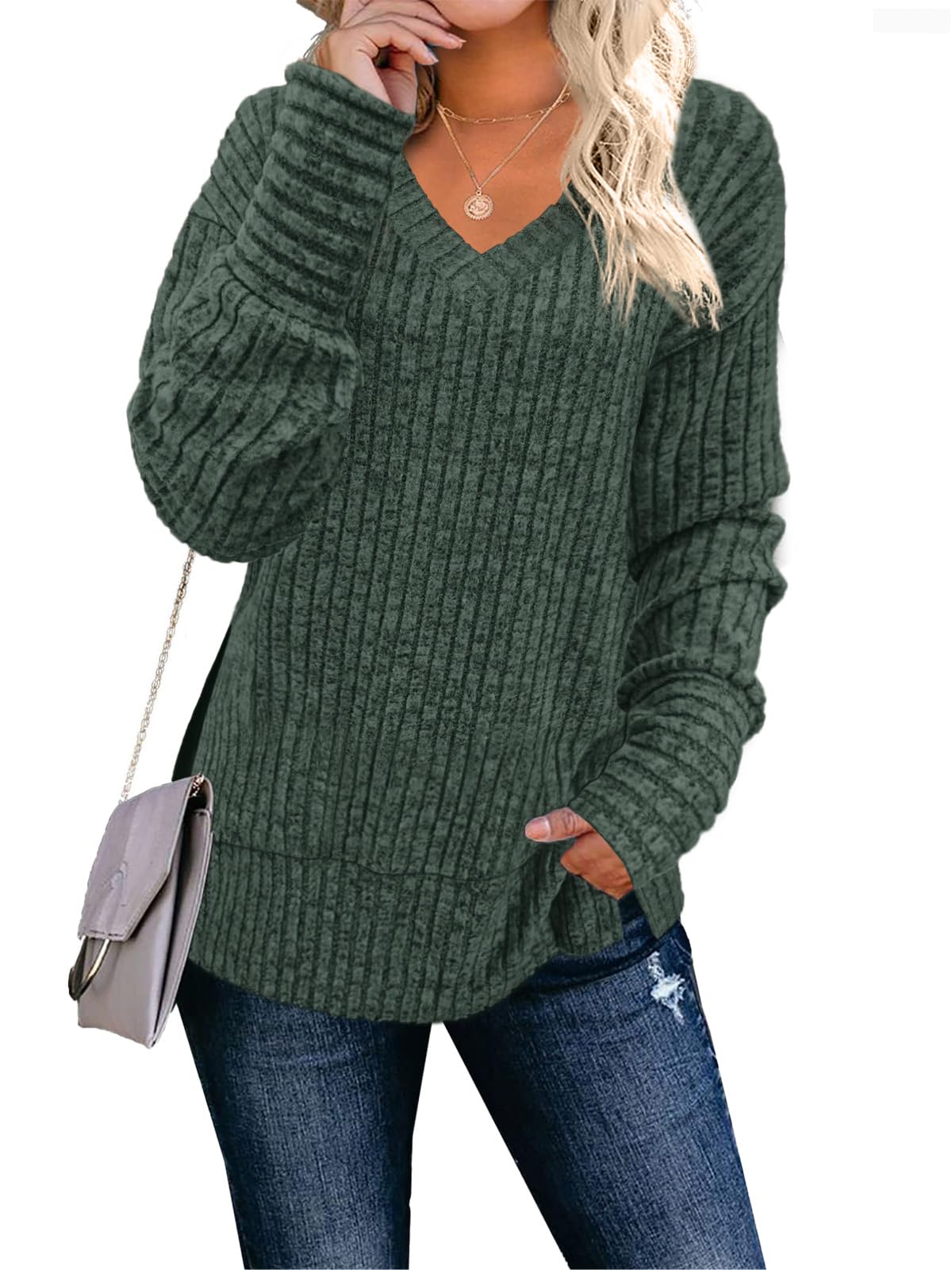 JomeDesign Womens Sweaters Long Sleeve V Neck Shirts Loose Casual Fashion Tops
