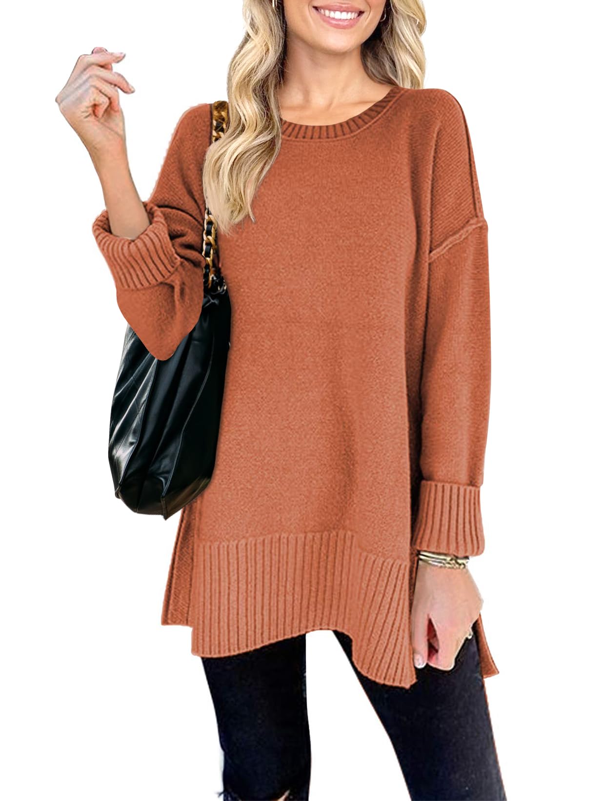 MEROKEETY Women's 2025 Fall Winter Oversized Pullover Sweater Casual Loose Crew Neck Long Sleeve Side Split Jumper Tops