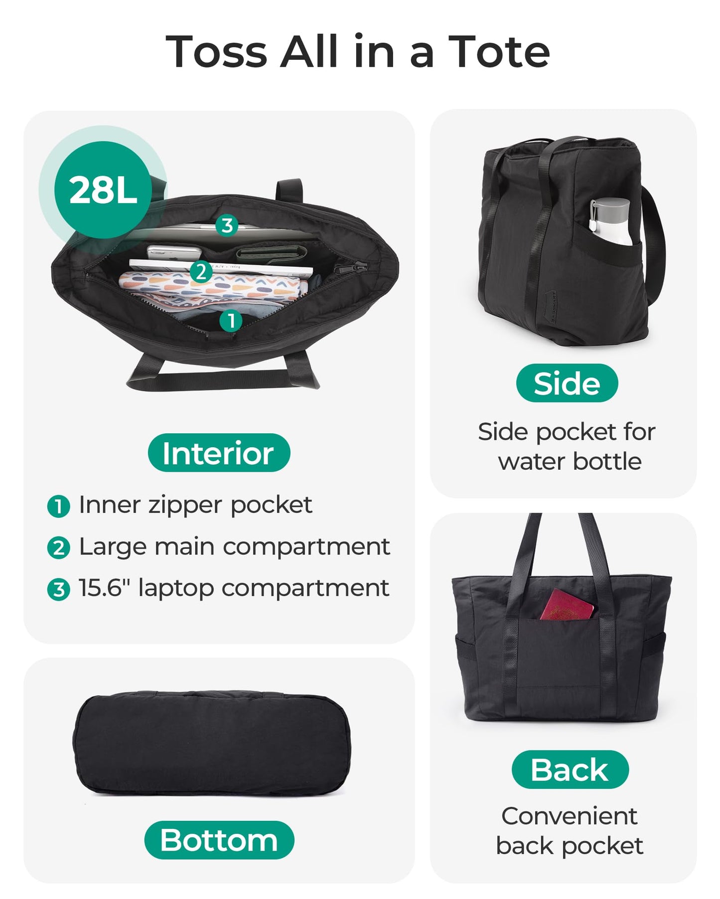 BAGSMART Tote Bag for Women, Tote Bag with Zipper Work Tote with Compartments Nurse Shoulder Hanbag for Travel, Gym