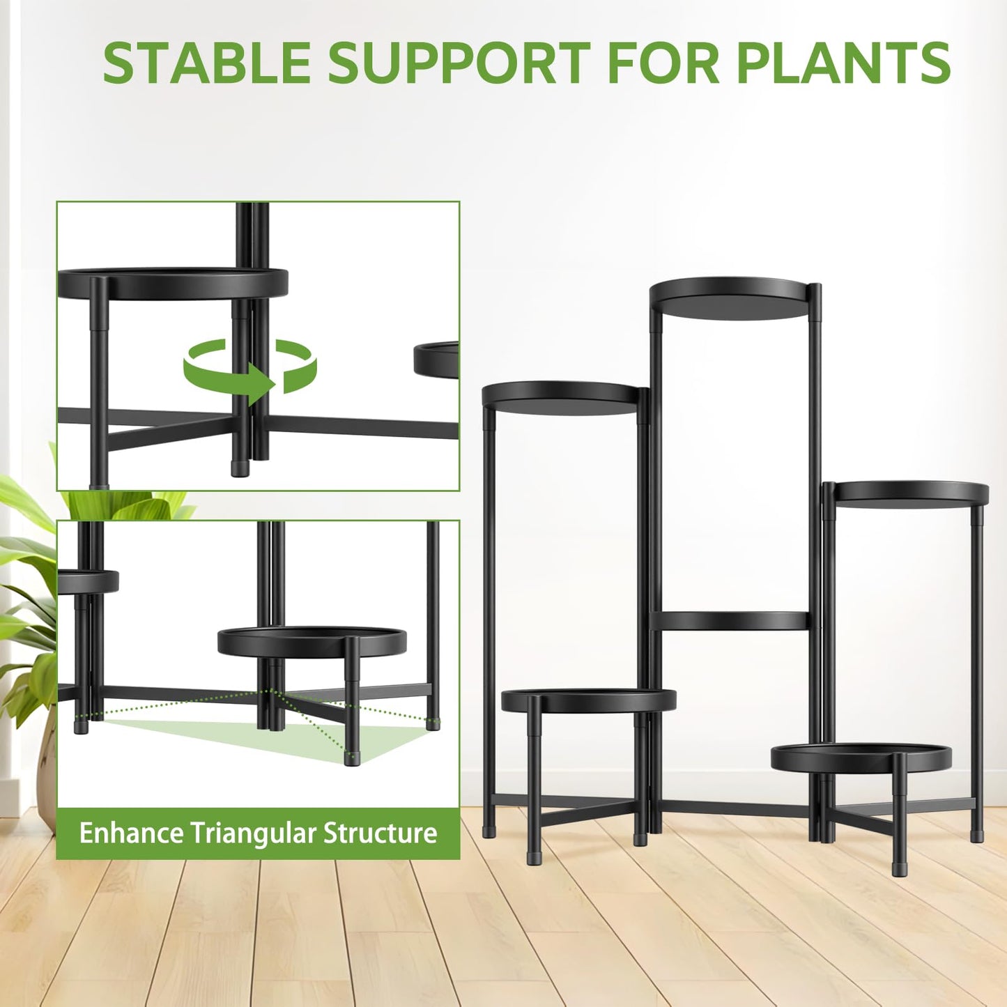 iDavosic.ly 6 Tier Large Plant Stand Indoor with 10 Inch Wide Tray, Tiered Corner Metal Outdoor Flower Display Holder Shelf, Folding Tall Rack for Patio Porch Living Room, Modern Black