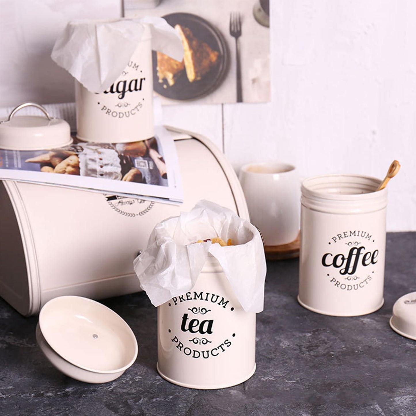 Hedume Set of 3 Airtight Kitchen Canister Decorations with Lids, Coffee, Tea, Sugar Metal Containers, Decorative Nesting Kitchen Canister Jars, Food Storage