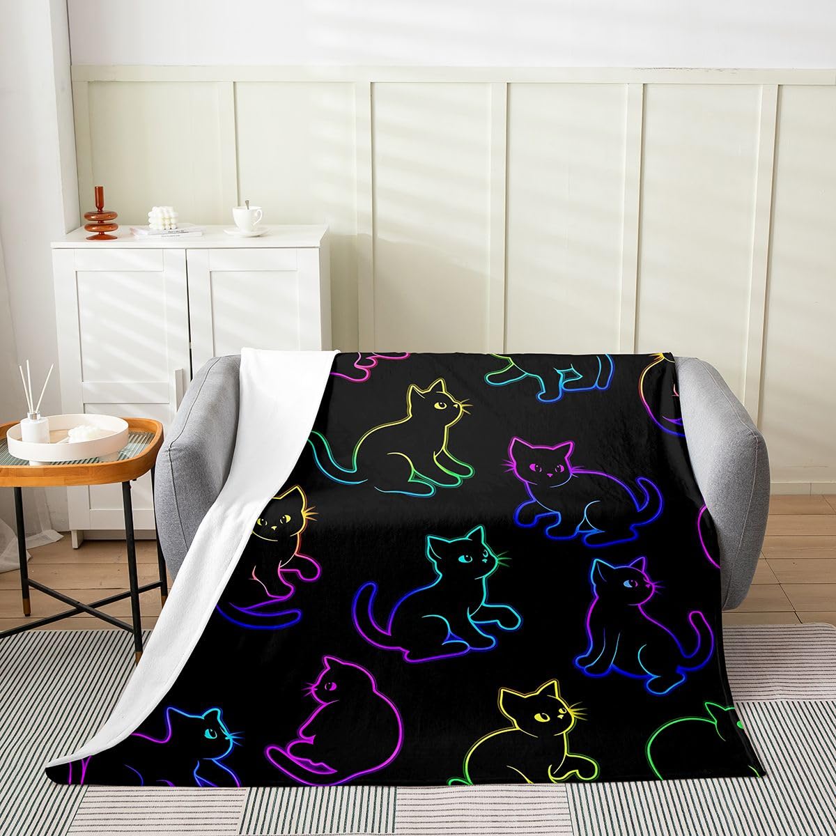 Feelyou Cat Flannel Fleece Throw Blanket Halloween Themed Throw 50"x60" Trick or Treat Fleece Throw Blanket for Kids Women Men Scaredy Cat for Bed Couch Chair Living Room Cute Kitten Bedroom Decor
