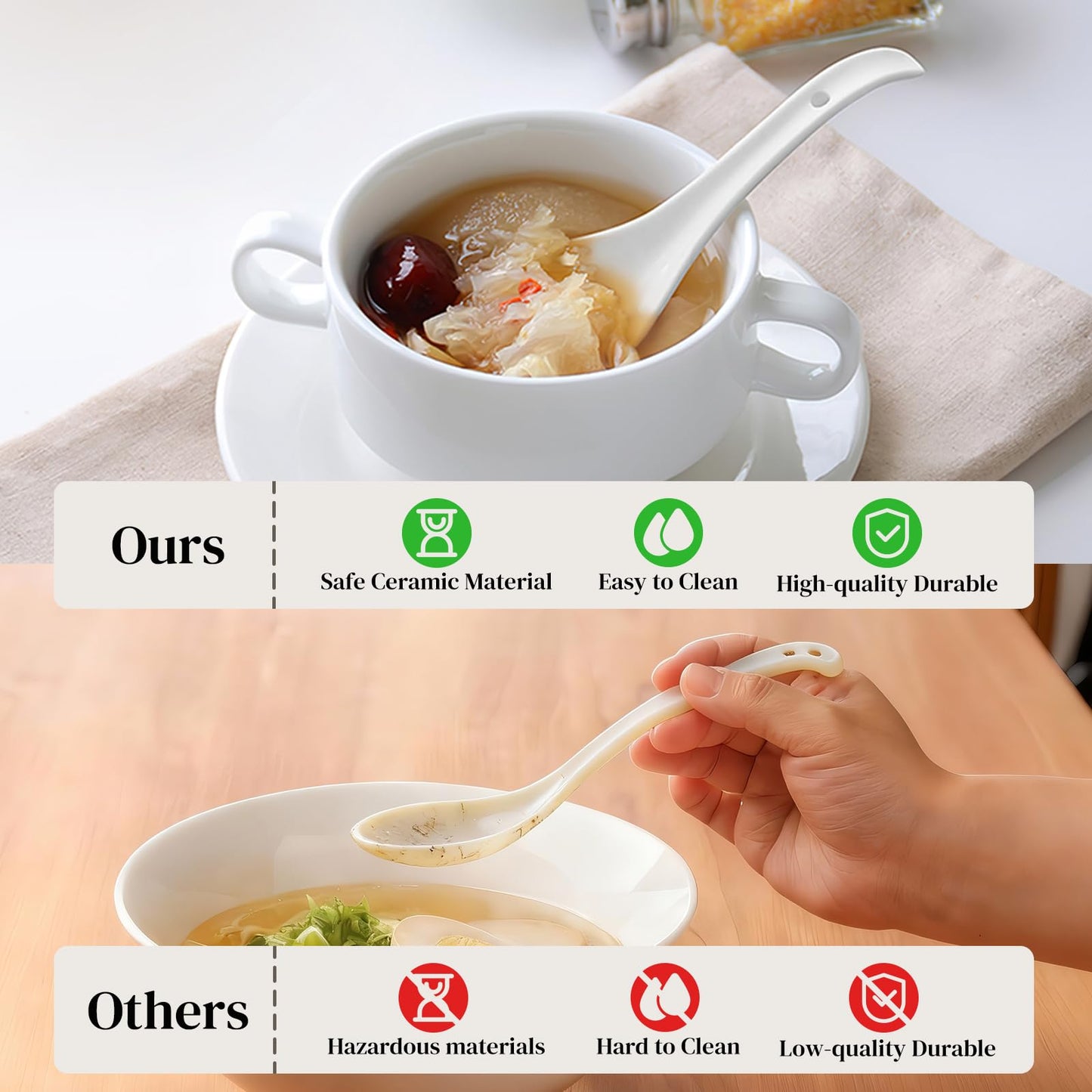 DOWAN Soup Spoons, Ceramic Asian Soup Spoons, White Japanese Spoon Large for Ramen Pho Wonton Dumpling Miso, Deep Oval Hook Design, Set of 4 (4, Soft white)