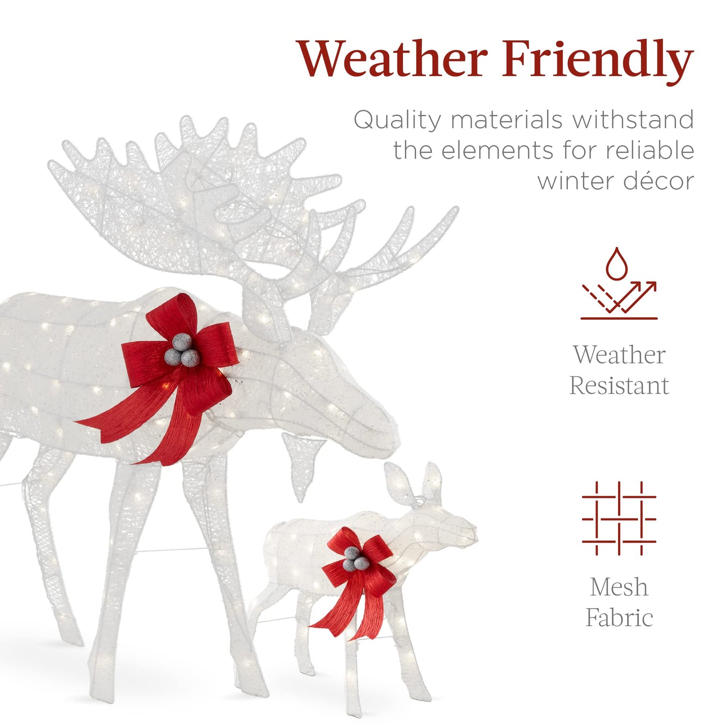 Best Choice Products 2-Piece Moose Family, Lighted Outdoor All-Weather Christmas Yard Decoration Light-Up Décor Set w/ 170 LED Lights, Ground Stakes, Zip Ties - White