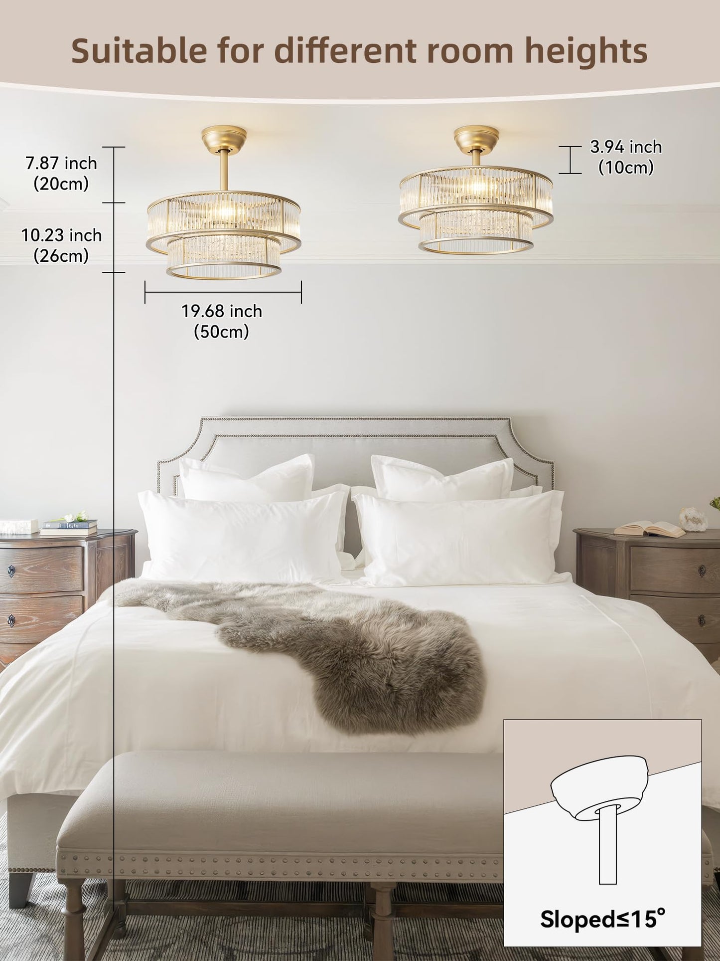 YADZSLY Gold Fandelier Ceiling Fans with Lights, 20" Gold Crystal Chandelier Ceiling Fan with Light Remote Control, Caged Mid Century with 6 Speeds for Bedroom, Living Room, Nursery