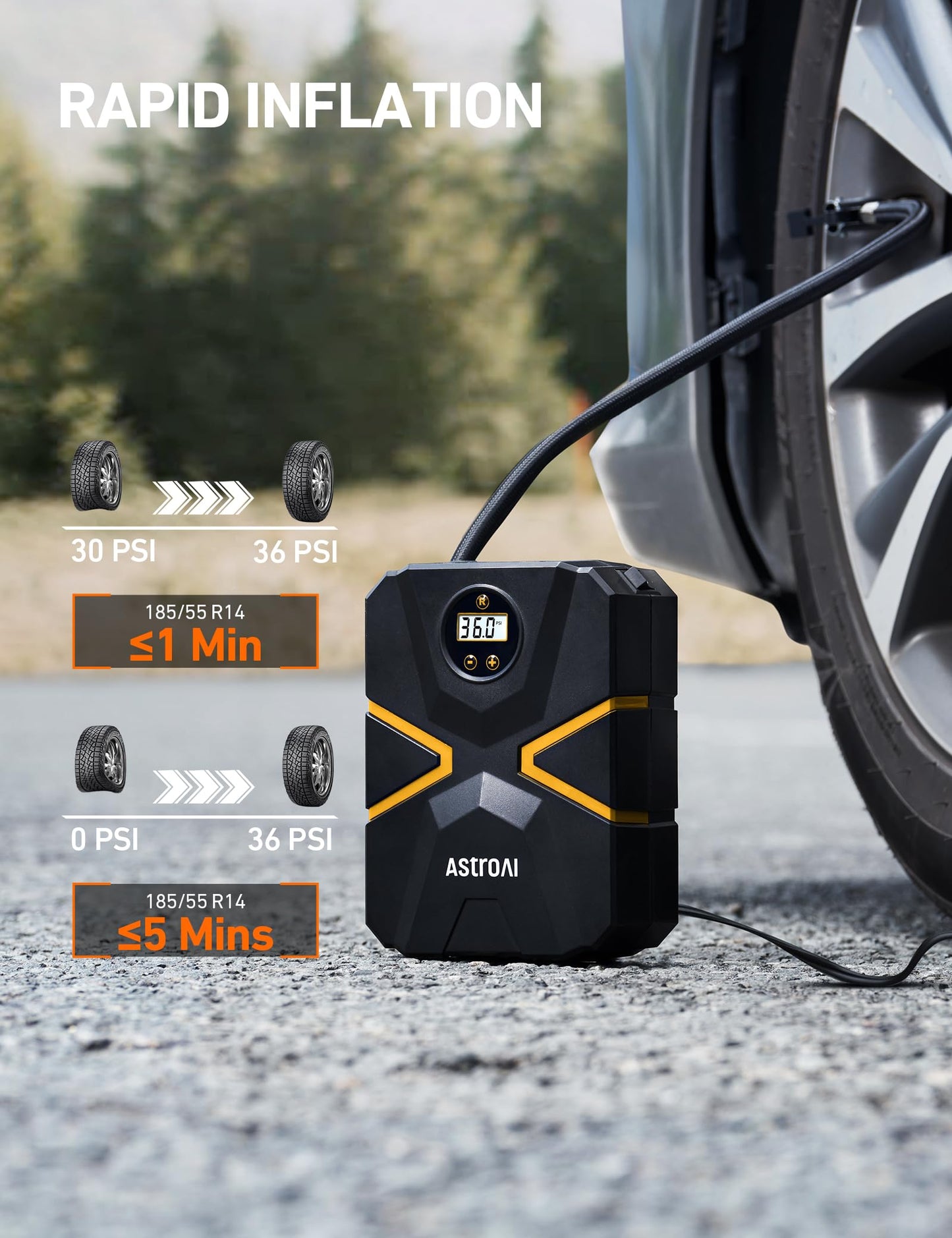 AstroAI Tyre Inflator Air Compressor 12V DC, Digital Car Tyre Pump 150 PSI, Preset Tyre Pressure & Auto Shutoff, Electric Air Pump for Car Tyres, Bicycles, Other Inflatables (Black&Yellow)