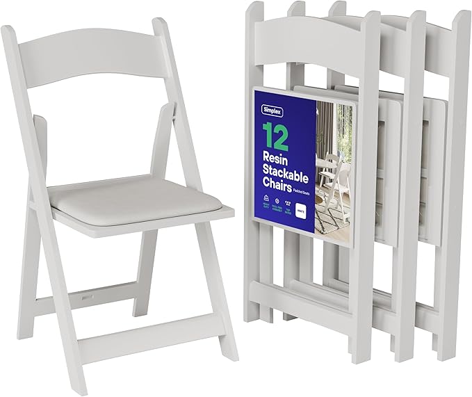 SIMPLEX 12 White Folding Chairs – Resin Stackable Foldable Chairs with Padded Seats – Comfortable White Folding Chairs for Indoor/Outdoor Events – Lightweight Resin Chairs (Set of 12)