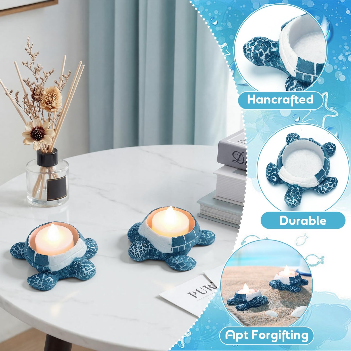 Reallnaive 2 Pcs Sea Turtle Tealight Candle Holder for Beach, Ocean Ceramic Turtle Candle Holder, Rustic Nautical Coastal Table Decor for Beach Bar Home Kitchen Housewarming Decor Gifts