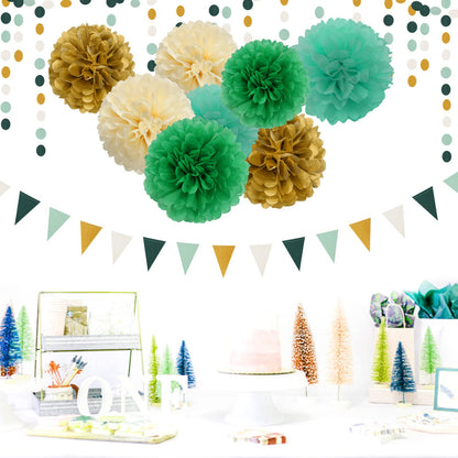Sage-Green Beige-Gold Baby Bridal-Shower Decorations - 30pcs Rustic Wedding Tissue Pom Poms,Tassel Garland Banner,Birthday Gender Reveal Bachelorette Engagement Party Decor Bunting Lasting Surprise