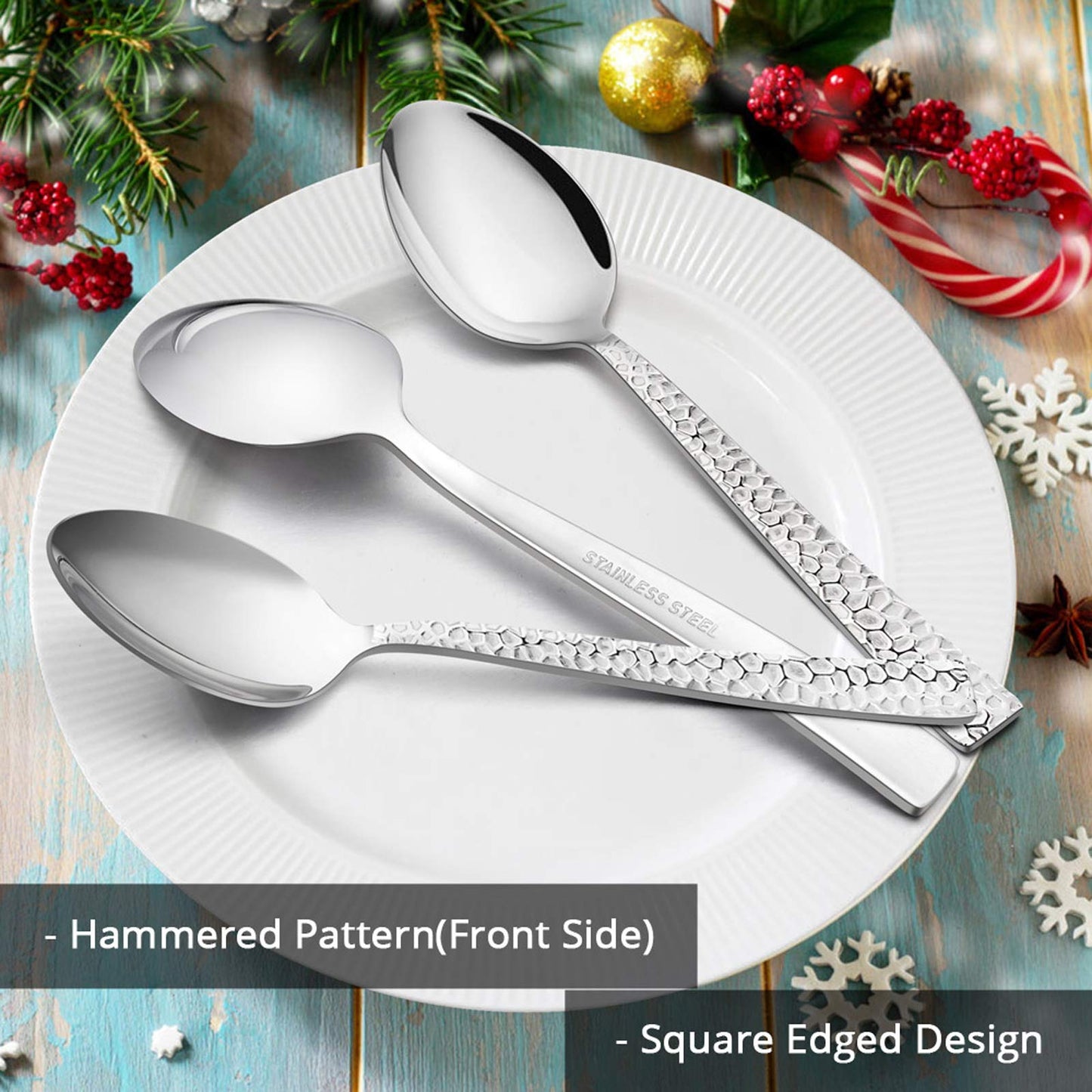 E-far Hammered Dinner Spoons Set of 12, 7.9 Inch Stainless Steel Soup Spoons Tablespoons for Home, Kitchen or Restaurant, Non-toxic & Mirror Polished, Squared Edge & Dishwasher Safe