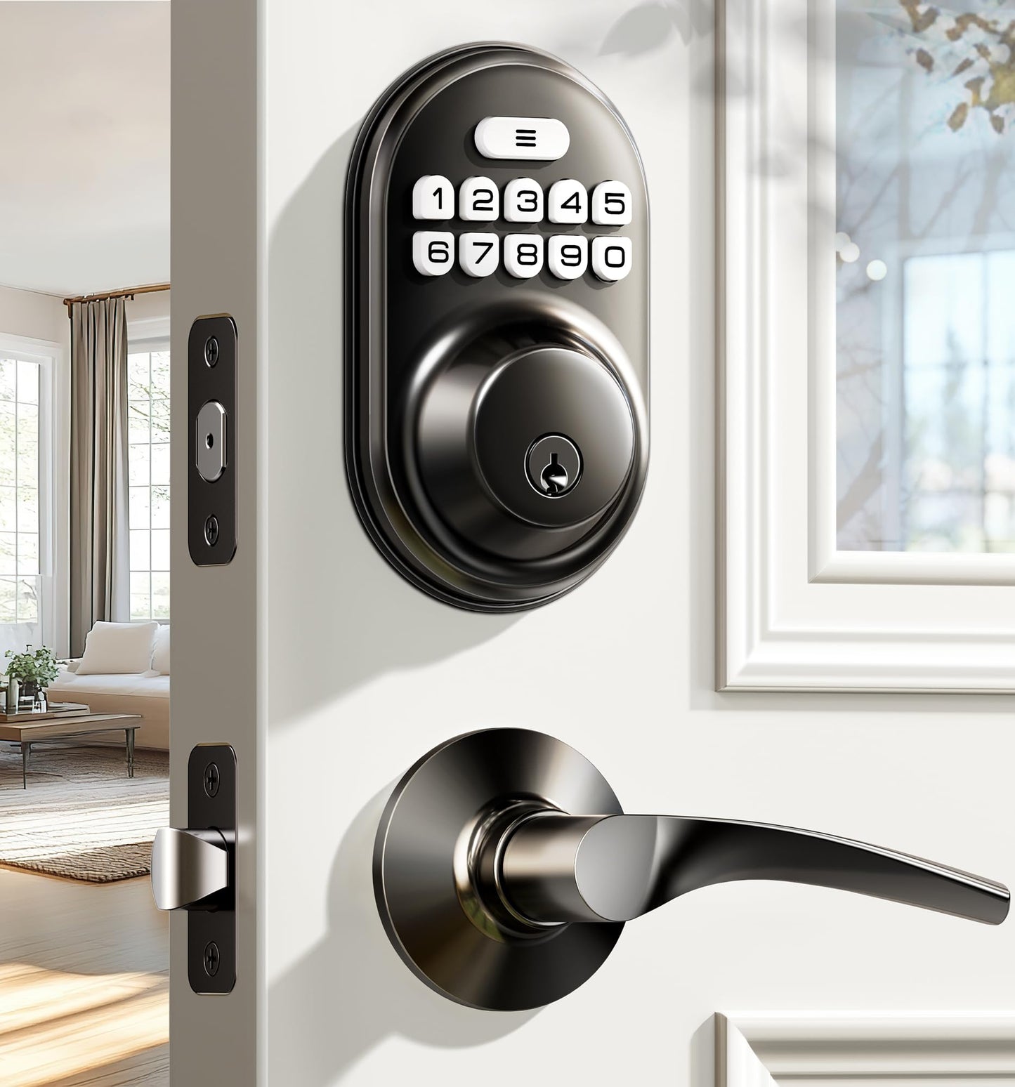 Veise Keyless Entry Door Lock with 2 Lever Handles - Electronic Keypad Deadbolt, Auto Lock, Back Lit & Easy Installation Design, Front Door Handle Sets, Satin Nickel