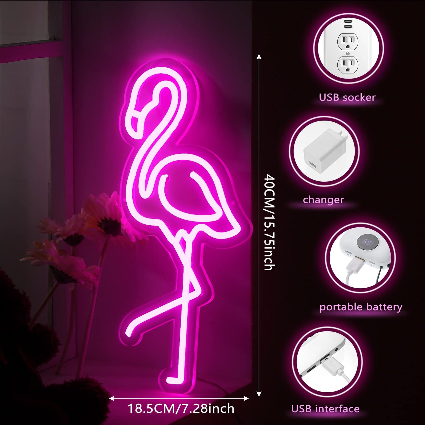 ROCEEI Tropical Flamingo LED Neon Sign Neon USB Powered Lights Sign Wall Art Gifts for Christmas Room Kids Bedroom Birthday Party Bar Decor