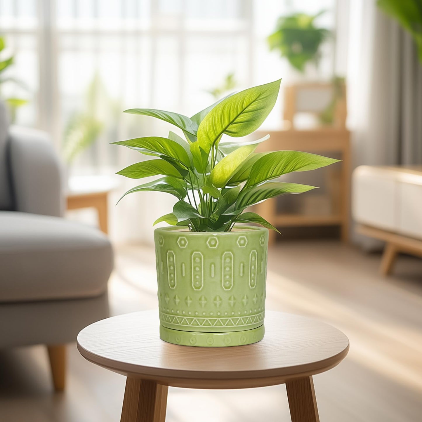 Eightpot Ceramic Pot for Plants - 6 Inch Indoor Planter with Drainage Hole and Saucer, Round Decorative Flower Pots Outdoor, Boho Succulent Planter, Garden Home Decor, Gifts for Plant Lover, Green
